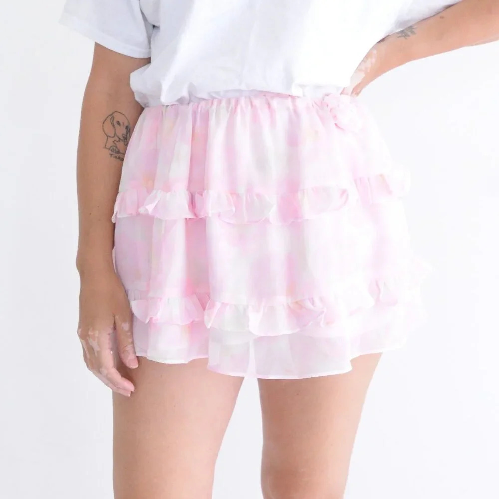 For Love And Lemons Pink & Cream Floral Ariana Layered Ruffle Mini Skirt S